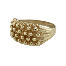 Load image into Gallery viewer, Bring bold texture and vintage style to your collection with this pre-owned 9ct yellow gold four row keeper ring—ideal for adding depth and character to your everyday look.

Design: The ring features a classic four row keeper style with a 12mm high front, showcasing interwoven gold sections for a distinctive, tactile finish.
Material: Made from 9-carat yellow gold, the polished surface enhances the textured pattern and gives the piece a rich, traditional appeal.

