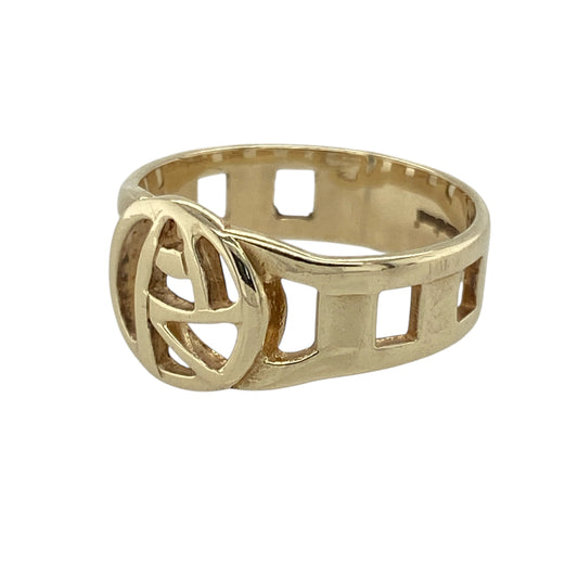 Bring artistic flair and timeless design to your collection with this pre-owned 9ct yellow gold Mackintosh style ring—perfect for lovers of elegant detail and distinctive form.

Design: The ring features a 9mm high front inspired by the iconic Mackintosh style, with flowing lines and geometric motifs that create a refined, Art Nouveau-inspired look.
Material: Made from 9-carat yellow gold, the polished finish enhances the graceful curves and structured design.
