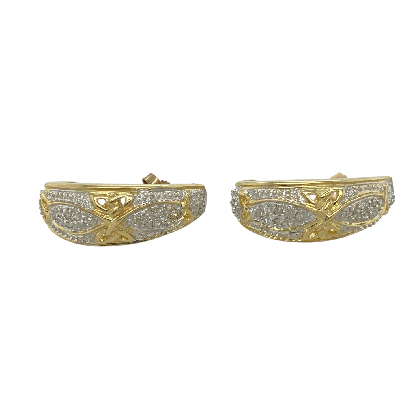 Blend symbolic design with subtle sparkle in these pre-owned 9ct yellow and white gold diamond set Celtic knot half hoop earrings—perfect for timeless style with a meaningful twist.

Design: Each earring features an elegant half hoop form with intricate Celtic knot detailing and a diamond accent, combining tradition and refined sparkle.
Material: Made from 9-carat yellow and white gold, the contrasting tones highlight the interwoven design and enhance the brilliance of the diamonds.
