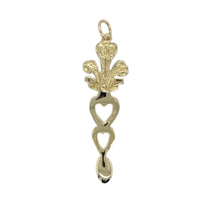 Celebrate tradition and heartfelt symbolism with this pre-owned 9ct yellow gold Welsh three feather lovespoon pendant—perfect for expressing love, heritage, and meaning.

Design: The pendant combines the iconic Welsh three feather emblem with the traditional lovespoon motif, symbolising affection, loyalty, and cultural pride.
Material: Made from 9-carat yellow gold, the polished finish enhances the intricate detailing and adds a rich, warm glow.

