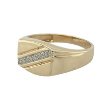 Load image into Gallery viewer, Add refined sparkle and contemporary style to your collection with this pre-owned 9ct yellow gold diamond set signet ring—perfect for timeless elegance with a modern twist.

Design: The ring features a 10mm high face with small diamonds set diagonally across the front, creating a sleek line of brilliance that catches the light.
Material: Made from 9-carat yellow gold, the polished finish enhances the warm tone of the gold and highlights the subtle sparkle of the diamonds.

