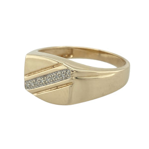 Add refined sparkle and contemporary style to your collection with this pre-owned 9ct yellow gold diamond set signet ring—perfect for timeless elegance with a modern twist.

Design: The ring features a 10mm high face with small diamonds set diagonally across the front, creating a sleek line of brilliance that catches the light.
Material: Made from 9-carat yellow gold, the polished finish enhances the warm tone of the gold and highlights the subtle sparkle of the diamonds.
