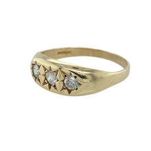 Load image into Gallery viewer, Add classic sparkle and symbolic style to your collection with this pre-owned 9ct yellow gold cubic zirconia set trilogy ring—perfect for timeless elegance with a meaningful touch.

Design: The ring features three approximately 3.5mm diameter cubic zirconia stones in a starburst setting across the 8mm high front, representing the past, present, and future in a balanced trilogy design.

