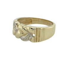 Load image into Gallery viewer, Add texture and contrast to your collection with this pre-owned 9ct yellow gold crossover weave band ring—perfect for bold design with a touch of two-tone elegance.

Design: The ring features a 9mm wide front with an intricate crossover weave pattern, accented by white gold detailing that adds depth and visual interest.
Material: Made from 9-carat yellow gold with white gold highlights, the polished finish enhances the interplay of tones and the dimensional weave.

