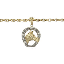 Load image into Gallery viewer, Celebrate equestrian elegance and sparkling detail with this pre-owned 9ct yellow gold and cubic zirconia set horse head horseshoe pendant on a 16&quot; Prince of Wales chain—perfect for horse lovers and timeless style.

Design: The pendant measures 2.1cm long including the bail and features a finely detailed horse head framed by a horseshoe, accented with cubic zirconia stones for added sparkle and symbolism.

