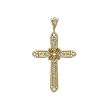 Load image into Gallery viewer, Add a touch of sparkle and symbolism to your jewellery collection with this pre-owned 9ct yellow gold and cubic zirconia set cross pendant—perfect for both everyday elegance and meaningful gifting.

Design: This classic cross pendant features a row of sparkling cubic zirconia stones, adding brilliance to its timeless shape.
Material: Made from 9-carat yellow gold, the polished finish provides a warm backdrop that enhances the sparkle of the stones.

