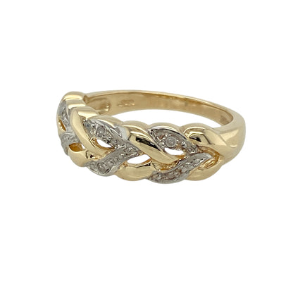 Bring subtle contrast and refined texture to your jewellery collection with this pre-owned 9ct yellow and white gold diamond plaited band ring—a distinctive piece with elegant curves and understated sparkle.

Design: A 6mm wide front showcases an intricate plaited design, blending yellow and white gold tones with a touch of diamond brilliance woven into the pattern.
