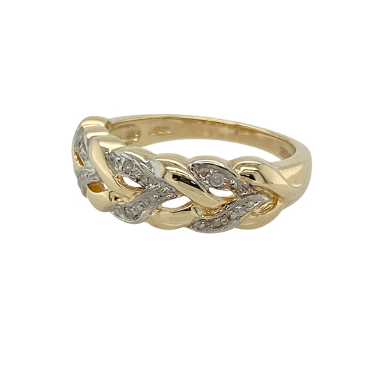 Bring subtle contrast and refined texture to your jewellery collection with this pre-owned 9ct yellow and white gold diamond plaited band ring—a distinctive piece with elegant curves and understated sparkle.

Design: A 6mm wide front showcases an intricate plaited design, blending yellow and white gold tones with a touch of diamond brilliance woven into the pattern.
