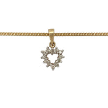 Load image into Gallery viewer, Bring delicate romance and timeless sparkle to your jewellery collection with this pre-owned 9ct yellow gold diamond open heart pendant on a 16&quot; curb chain—a graceful piece that blends sentiment with everyday elegance.

Design: The 1.4cm long open heart pendant, including the bail, is accented with diamonds that add gentle shimmer to its elegant outline.
Material: Made from 9-carat yellow gold, both the pendant and curb chain offer a smooth, polished finish that enhances the pendant’s warm glow.

