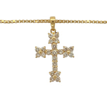 Load image into Gallery viewer, Bring bold elegance and enduring symbolism to your jewellery collection with this pre-owned 18ct yellow gold diamond cross pendant on a 20&quot; box chain—a striking piece with timeless significance and radiant detail.

Design: The 2.9cm long cross pendant, including the bail, is adorned with sparkling diamonds that enhance its classic silhouette with refined brilliance.

