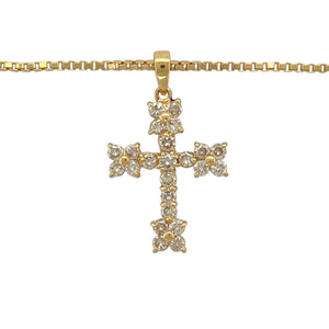 Bring bold elegance and enduring symbolism to your jewellery collection with this pre-owned 18ct yellow gold diamond cross pendant on a 20" box chain—a striking piece with timeless significance and radiant detail.

Design: The 2.9cm long cross pendant, including the bail, is adorned with sparkling diamonds that enhance its classic silhouette with refined brilliance.
