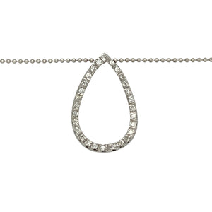 Bring graceful sparkle and modern elegance to your jewellery collection with this pre-owned 18ct white gold diamond open teardrop pendant on an 18" ball chain—a refined piece with flowing lines and timeless appeal.

Design: The 2.2cm long open teardrop pendant features diamond accents that add delicate brilliance to its elegant, curved shape.
Material: Made from 18-carat white gold, the pendant and polished ball chain offer a cool-toned finish that enhances the shimmer of the diamonds.
