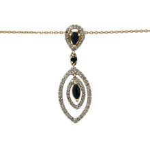 Load image into Gallery viewer, Bring rich colour and graceful movement to your jewellery collection with this pre-owned 9ct yellow gold diamond and sapphire double drop pendant on an 18&quot; trace chain—a sophisticated piece with timeless beauty and elegant flow.

Design: The 3.8cm long double drop pendant features deep blue sapphires accented by shimmering diamonds, creating a refined contrast and fluid silhouette.


