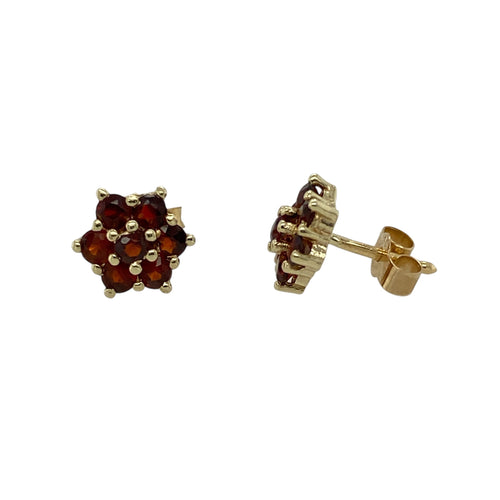 9ct Gold & Red Stone Cluster Stud Earrings