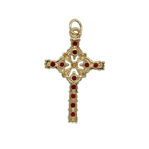 Bring rich colour and spiritual elegance to your jewellery collection with this pre-owned 9ct yellow gold garnet cross pendant—a timeless piece with warm tones and meaningful design.

Design: The cross pendant is adorned with garnet stones, each approximately 2.5mm in diameter, creating a vibrant and symmetrical design with deep red sparkle.
Material: Made from 9-carat yellow gold, the polished finish adds a soft glow that enhances the intensity of the garnet stones.
