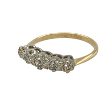 Load image into Gallery viewer, Bring timeless brilliance and refined craftsmanship to your jewellery collection with this pre-owned 18ct yellow gold and platinum diamond five stone ring—a classic design with elegant sparkle and enduring appeal.

Design: This ring features five sparkling diamonds set in a platinum mount, offering a balanced and radiant layout that symbolises lasting love and harmony.

