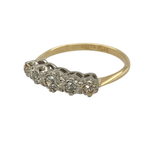 Bring timeless brilliance and refined craftsmanship to your jewellery collection with this pre-owned 18ct yellow gold and platinum diamond five stone ring—a classic design with elegant sparkle and enduring appeal.

Design: This ring features five sparkling diamonds set in a platinum mount, offering a balanced and radiant layout that symbolises lasting love and harmony.
