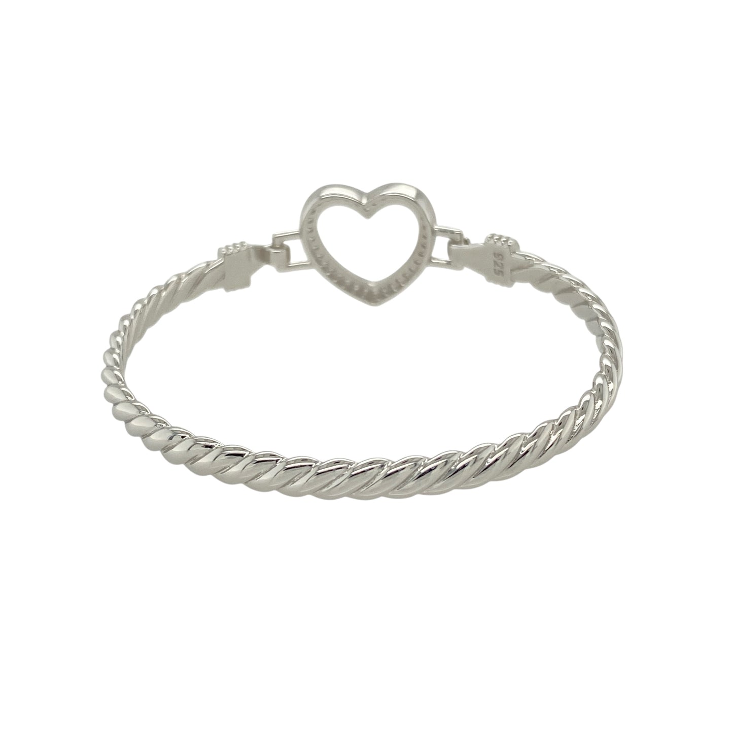 Bring sweet sentiment and delicate sparkle to a young jewellery collection with this new solid 925 silver and cubic zirconia children's open heart bangle—a graceful piece full of love and timeless charm.

Design: The 15mm high front features a beautifully shaped open heart, accented with sparkling cubic zirconia stones for a soft, elegant shine.
Material: Made from solid 925 sterling silver, the polished finish provides a bright, smooth surface that enhances the brilliance of the stones.

