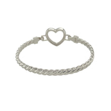 Load image into Gallery viewer, Bring sweet sentiment and delicate sparkle to a young jewellery collection with this new solid 925 silver and cubic zirconia children&#39;s open heart bangle—a graceful piece full of love and timeless charm.

Design: The 15mm high front features a beautifully shaped open heart, accented with sparkling cubic zirconia stones for a soft, elegant shine.
Material: Made from solid 925 sterling silver, the polished finish provides a bright, smooth surface that enhances the brilliance of the stones.

