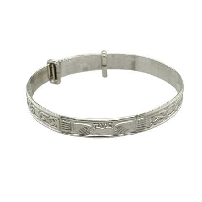 Bring heritage charm and heartfelt symbolism to a little one’s jewellery collection with this new 925 silver Claddagh patterned baby expander bangle—a beautifully crafted keepsake with timeless meaning.

Design: The 6mm wide bangle features the traditional Claddagh motif—representing love, loyalty, and friendship—delicately patterned around the band for a meaningful and elegant finish.
