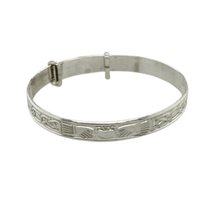 Bring heritage charm and heartfelt symbolism to a little one’s jewellery collection with this new 925 silver Claddagh patterned baby expander bangle—a beautifully crafted keepsake with timeless meaning.

Design: The 6mm wide bangle features the traditional Claddagh motif—representing love, loyalty, and friendship—delicately patterned around the band for a meaningful and elegant finish.
