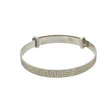 Load image into Gallery viewer, Bring classic design and symbolic meaning to a little one’s jewellery collection with this new 925 silver Greek key patterned baby expander bangle—a timeless keepsake inspired by heritage and tradition.

Design: The 4mm wide bangle features a continuous Greek key pattern, symbolising eternity, unity, and the journey of life.
Material: Made from solid 925 sterling silver, the polished finish adds a bright, smooth shine that accentuates the intricate geometric design.


