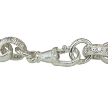 Load image into Gallery viewer, Bring bold detail and subtle sparkle to your jewellery collection with this new 925 silver &amp; cubic zirconia set 8&quot; patterned belcher bracelet—a striking piece that balances classic form with decorative charm.

Design: Featuring 11mm wide alternating plain and patterned oval links with a central cubic zirconia accent, this bracelet offers a timeless belcher style with a touch of shimmer.

