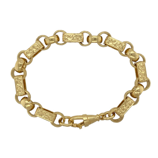 New Solid 925 Silver Heavily 9ct Gold Plated 8.5" Patterned Engraved Gypsy Style Link Bracelet