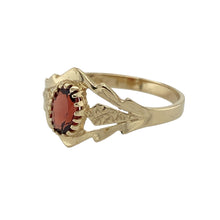 Load image into Gallery viewer, Bring rich colour and delicate detail to your collection with this pre-owned 9ct yellow gold and garnet ring—a graceful piece with timeless warmth and charm.

Design: This elegant ring features a 6mm by 4mm oval-cut garnet at its centre, framed by open-patterned shoulders for a light and refined finish.
Material: Made from 9-carat yellow gold, the polished band enhances the deep red tones of the garnet with classic contrast.

