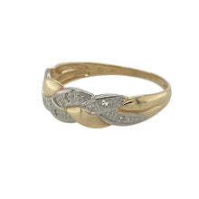 Load image into Gallery viewer, Bring elegant texture and subtle sparkle to your collection with this pre-owned 9ct yellow and white gold diamond set plaited band ring—a refined design with timeless appeal.

Design: This ring features a 6mm wide plaited front, blending yellow and white gold strands accented by small diamonds for added brilliance.
Material: Made from 9-carat yellow and white gold, the polished finish enhances the contrast and highlights the intricate woven design.

