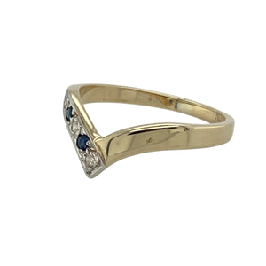 Bring graceful colour and subtle sparkle to your collection with this pre-owned 9ct yellow gold diamond and sapphire wishbone ring—a delicate design with timeless charm.

Design: This elegant ring features a curved 4mm wide front set with alternating sapphires and diamonds, forming a classic wishbone shape.
Material: Made from 9-carat yellow gold, the polished finish adds warmth and enhances the contrast of the deep blue sapphires and bright diamonds.

