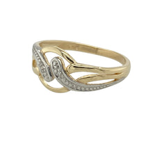 Load image into Gallery viewer, Bring graceful movement and subtle sparkle to your collection with this pre-owned 9ct yellow gold and diamond set swirl ring—a delicate design with timeless appeal.

Design: This ring features a flowing 9mm high swirl design, accented with sparkling diamonds that add light and elegance to the fluid shape.
Material: Made from 9-carat yellow gold, the polished finish enhances the curves of the design and the brilliance of the stones.

