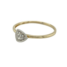 Load image into Gallery viewer, Add a touch of modern sparkle to your collection with this pre-owned 9ct yellow gold and cubic zirconia set triangle ring—a sleek design with geometric charm and elegant contrast.

Design: The 6mm high front features a yellow gold triangle, set with three cubic zirconia stones in a white gold setting for added brilliance and definition.
Material: Made from 9-carat yellow gold with white gold detailing, the polished finish enhances both the warm and cool tones of the ring.

