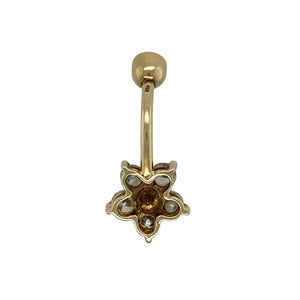 Add a playful sparkle and soft colour to your style with this pre-owned 9ct yellow gold pink and white cubic zirconia set flower belly bar—a feminine and eye-catching piece with delicate detail.

Design: The floral design features a central pink cubic zirconia stone approximately 3.5mm in diameter, surrounded by white cubic zirconia petals for a bright, shimmering finish.
Material: Made from 9-carat yellow gold, the polished surface adds warmth and contrast to the pastel sparkle of the stones.
