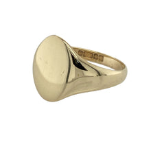 Load image into Gallery viewer, Add classic style and timeless appeal to your collection with this pre-owned 9ct yellow gold oval plain signet ring—a bold and elegant piece perfect for everyday wear or personal engraving.

Design: The ring features a 14mm high oval-shaped front with a smooth, plain surface, ideal for a sleek look or custom engraving.
Material: Made from 9-carat yellow gold, the polished finish enhances the warm tone and traditional styling of the signet design.

