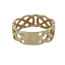 Load image into Gallery viewer, Celebrate heritage and timeless design with this pre-owned 9ct yellow gold open Celtic knot band ring—a meaningful piece with intricate detail and classic style.

Design: The 7mm wide band features an openwork Celtic knot pattern, symbolising eternity, unity, and interconnectedness through its flowing, continuous design.
Material: Made from 9-carat yellow gold, the polished finish highlights the intricate knotwork and adds a warm, radiant glow.

