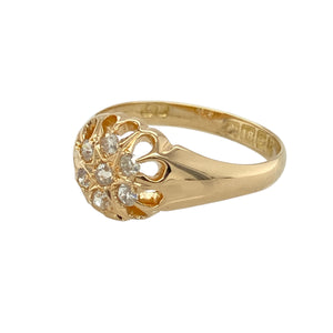 Add vintage charm and floral elegance to your collection with this pre-owned 18ct yellow gold diamond set flower cluster ring—a timeless design full of sparkle and romantic detail.

Design: The 10mm high front features a classic flower cluster arrangement, with brilliant cut diamonds radiating from the centre for a refined vintage look.
Material: Made from 18-carat yellow gold, the polished finish provides a rich, warm backdrop that enhances the brilliance of the diamonds.
