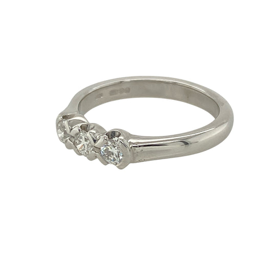 Celebrate past, present, and future with this pre-owned platinum diamond set trilogy ring—a timeless symbol of love and commitment with elegant brilliance.

Design: The classic trilogy layout features three sparkling diamonds arranged in a balanced setting, representing enduring connection and meaningful milestones.
Material: Made from platinum, the ring offers exceptional durability and a bright, silvery-white finish that enhances the fire of the diamonds.
