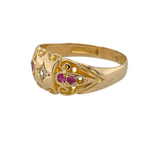 Load image into Gallery viewer, Add vintage charm and regal colour to your collection with this pre-owned 18ct yellow gold diamond and ruby set ring—a graceful design with timeless elegance and rich detail.

Design: The 8mm high front features a vintage-inspired arrangement of rubies and diamonds, offering classic styling with a refined touch of sparkle.
Material: Made from 18-carat yellow gold, the polished finish enhances the warm tone and beautifully frames the vivid gemstones.

