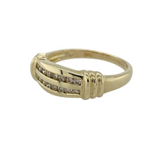 Load image into Gallery viewer, Add refined sparkle and timeless elegance to your collection with this pre-owned 9ct yellow gold and diamond set double row band ring—a sophisticated piece that offers a touch of luxury, perfect for special occasions or elevating everyday style.

Design: This ring features two rows of shimmering diamonds across the 6mm wide front, enhanced by detailed gold shoulders that add extra character and depth.

