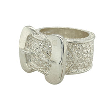 Load image into Gallery viewer, Bring bold style and striking detail to your collection with this new 925 silver patterned double buckle ring, offering a statement design and powerful presence—perfect for those who love standout pieces with character.

Design: The ring features an eye-catching double buckle front measuring 22mm high, detailed with intricate patterning that adds depth and a unique, textured look. The buckle motif symbolises strength and connection, making it a memorable focal point.

