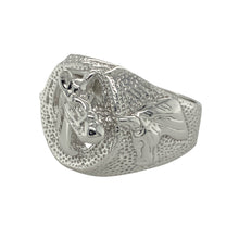 Load image into Gallery viewer, Bring bold character and equestrian charm to your collection with this new 925 silver horse head horseshoe ring, offering a striking design and strong presence—perfect for horse lovers and those who appreciate unique statement pieces.

Design: The ring features a detailed horse head framed by a classic horseshoe design at the front, measuring 20mm high. The intricate sculpting captures strength and grace, symbolising luck, power, and freedom.

