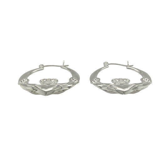 Bring meaningful symbolism and striking elegance to your collection with these new 925 silver large round Claddagh creole earrings, offering a bold design and timeless charm—perfect for making a heartfelt statement.

Design: The earrings feature a large round creole style with a detailed Claddagh motif, measuring approximately 25mm in diameter. The Claddagh symbol represents love, loyalty, and friendship, adding depth and sentiment to their classic design.
