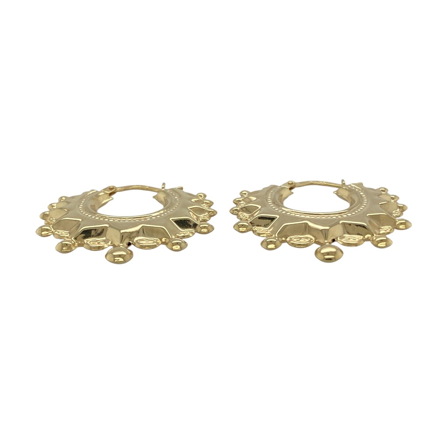 Bring warm elegance and striking shine to your collection with these new 9ct yellow gold fancy round creole earrings, offering a classic design and refined presence—perfect for making a sophisticated statement.

Design: The earrings feature a larger round creole style with a fancy, detailed finish, measuring approximately 28mm in diameter. Their graceful curves and intricate design create an eye-catching and versatile silhouette.
