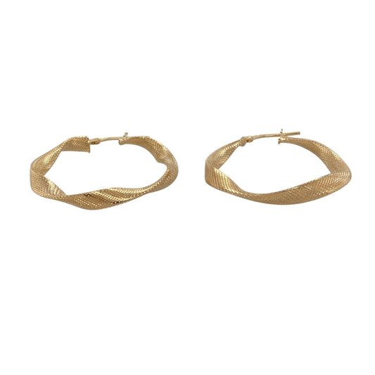 Bring modern elegance and eye-catching texture to your collection with these new 9ct yellow gold twisted textured hoop creole earrings, offering a refined design and radiant shine—perfect for adding a sophisticated statement to any look.

Design: The earrings feature a twisted hoop creole style with a textured finish, measuring approximately 32mm in diameter. The combination of the twisting form and intricate texture creates a dynamic, contemporary silhouette that catches the light beautifully.
