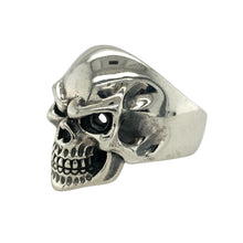 Load image into Gallery viewer, Bring bold edge and fearless style to your collection with this new 925 silver skull ring, offering a striking design and powerful presence—perfect for those who love standout statement pieces.

Design: The ring features a dramatic skull front measuring 25mm high, designed with an open section that adds a raw, edgy character to the piece. The detailed sculpting and hollow element create depth and a rebellious, eye-catching look.

