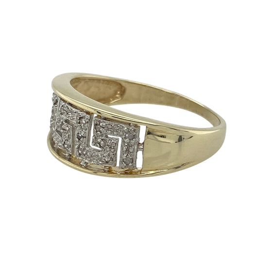 Bring bold design and timeless sparkle to your collection with this pre-owned 9ct yellow and white gold and diamond set Greek key wide band ring, offering a striking look and refined presence—perfect for making a confident statement.

Design: The ring features a wide 9mm front band with an intricate Greek key pattern crafted in contrasting yellow and white gold, accented with sparkling diamonds for added brilliance. The geometric design symbolises infinity and unity, creating a unique and eye-catching look.
