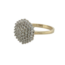 Load image into Gallery viewer, Bring timeless sparkle and refined elegance to your collection with this pre-owned 9ct yellow gold and diamond set cluster ring, offering a striking design and luxurious presence—perfect for making a sophisticated statement.

Design: The ring features a stunning cluster design at the front, measuring 13mm high, set with shimmering diamonds that create a bold and eye-catching focal point. The clustered arrangement enhances the brilliance and adds a glamorous touch to any look.


