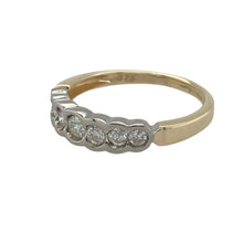 Load image into Gallery viewer, Bring timeless elegance and brilliant sparkle to your collection with this pre-owned 9ct yellow gold and diamond white gold set seven stone band ring, offering a refined design and sophisticated presence—perfect for making a statement of classic luxury.

Design: The ring features a graceful band design set with seven shimmering diamonds, totalling approximately 0.50ct. The diamonds are beautifully set in white gold
