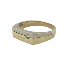 Load image into Gallery viewer, Bring refined sophistication and subtle sparkle to your collection with this pre-owned 9ct yellow and white gold and diamond set flat smooth signet ring, offering a sleek design and elegant presence—perfect for adding a touch of understated luxury to any look.

Design: The ring features a smooth, flat front measuring 6mm high, accented with shimmering diamonds in white gold for a subtle yet eye-catching touch. The clean lines and minimalist design create a modern and versatile silhouette.


